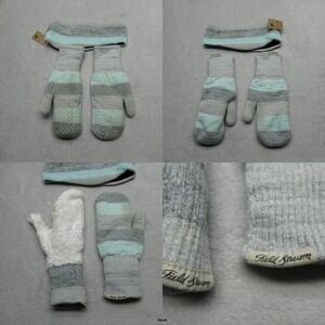 Field & Stream Headband & Mittens Set Womens Small Blue Striped Knit Grippies RD